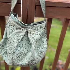 Leather embroidered satchel